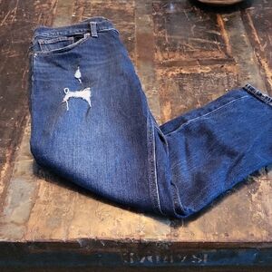 Lucky Brand Women's Boyfriend Jeans in Dark Blue with Distressed Detail